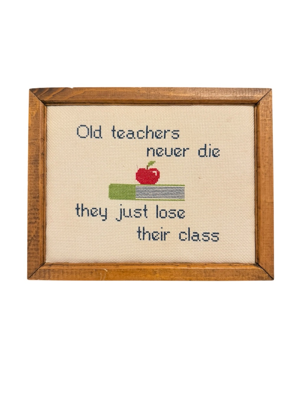 Framed Cross-Stitch Wall Art - 'Old teachers never die'